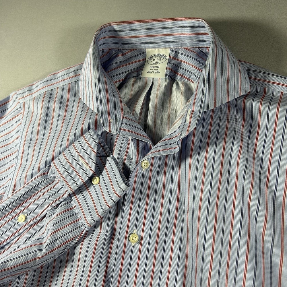 Mens Brooks Brothers Regent Shirt Large 15.5 32 33 Blue Red Stripe Non Iron